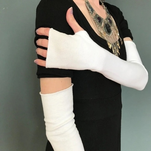 Long White Gloves Cotton Arm Warmers with Thumb Holes Sun Protection UV Covers - Picture 3 of 4
